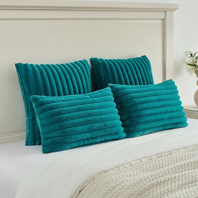 FUTEI Teal Green Striped Decorative Throw Pillow Covers 16x16 Inch Set of 2,Square Winter Decorations Couch Pillow Case,Soft Cozy Faux Rabbit Fur & Velvet Back,Modern Home Decor for Bed