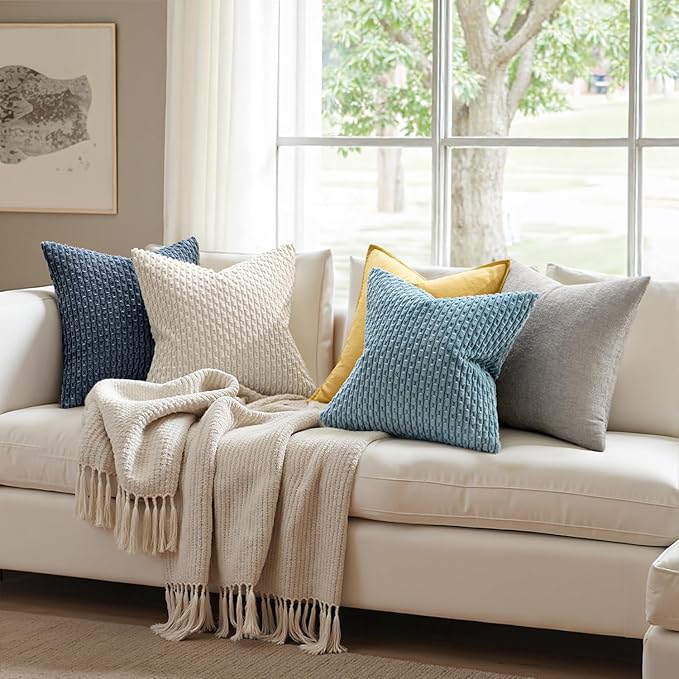MIULEE Pack of 2 Decorative Throw Pillow Covers 18x18 Inch Soft Boho Striped Textured Corduroy Pillow Covers Modern Farmhouse Home Decor for Couch Bed Sofa Living Room Blue