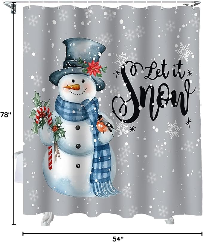 Vandarllin Snowman Christmas Shower Curtain, Let It Snow Winter Holiday Shower Curtains Set with Hooks, Grey White Waterproof Fabric Bathroom Curtains Decor Home Accessories, Stall Long 54 X 78 Inch
