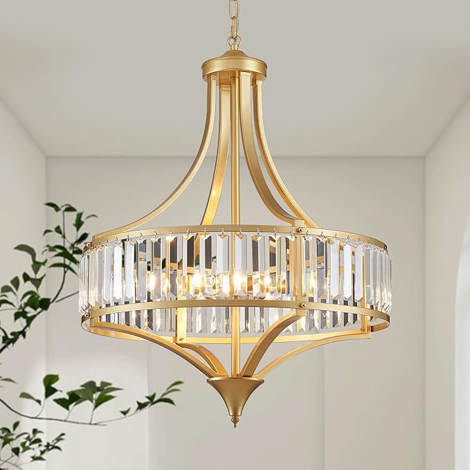 XINGQI 21.6" Modern Gold 6-Light Crystal Chandelier for Dining Room Large Round Pendant Lightting Fixture for Living Room Kitchen Island Bedroom