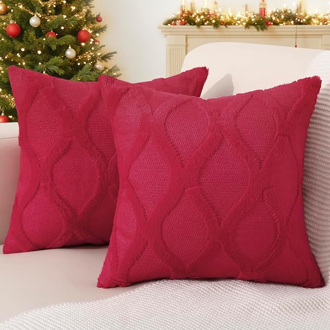 decorUhome Christmas Throw Pillow Covers 20x20 Inch Set of 2, Soft Plush Faux Fur Wool Red Couch Pillow Covers, Decorative Neutral Pillow Cases for Bed Sofa Living Room Home Decor