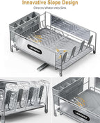 Dish Drying Rack, Dish Racks for Kitchen Counter, 304 Stainless Steel Dish Drainer Drainboard Set with Smart Drainage, 360° Adjustable Spout, Utensil Holder and Cup Holder, White