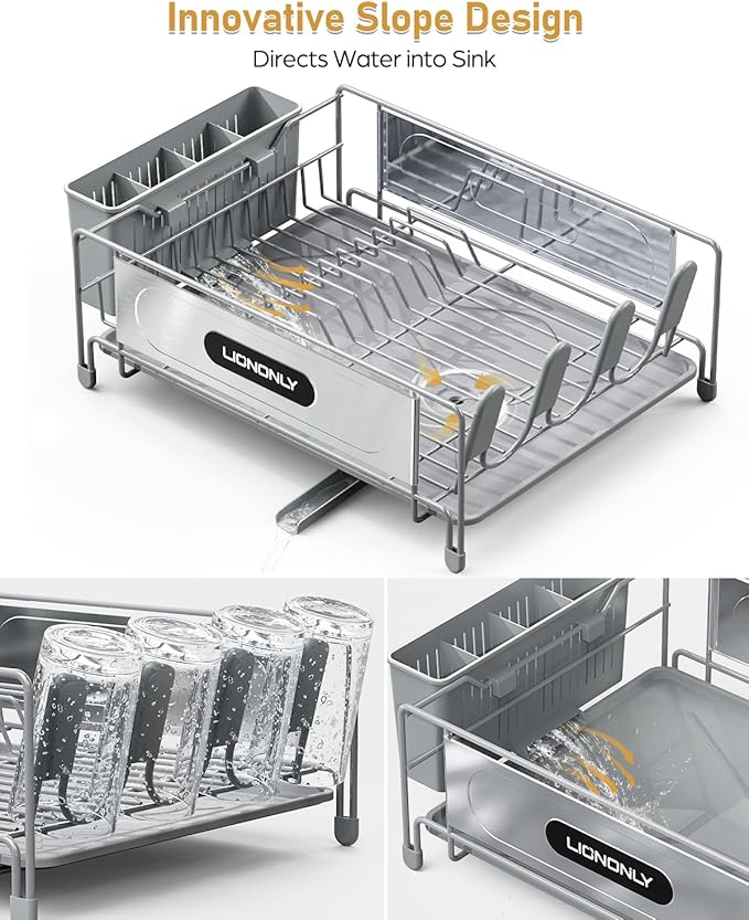 Dish Drying Rack, Dish Racks for Kitchen Counter, 304 Stainless Steel Dish Drainer Drainboard Set with Smart Drainage, 360° Adjustable Spout, Utensil Holder and Cup Holder, White