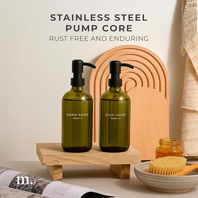 MaisoNovo Soap Dispenser 2-Piece Set | 16.9oz Green Bottles with Black Stainless Steel Pumps
