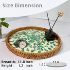 11.8 inch Round Rattan Serving Tray with Mother of Pearl Inlay Wicker Platter Coffee Tray for Coffee Table Decor Coastal Boho Kitchen Storage Display Decorative Basket Food Tray Handmade Wall Decor
