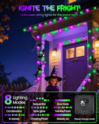 LORRYTE 2-Pack 100 LED Purple and Green Halloween Lights Outdoor - 64FT Crystal Globe Waterproof Solar String Lights with 8 Lighting Modes for Halloween Decorations, Garden, Patio, Party, Porch