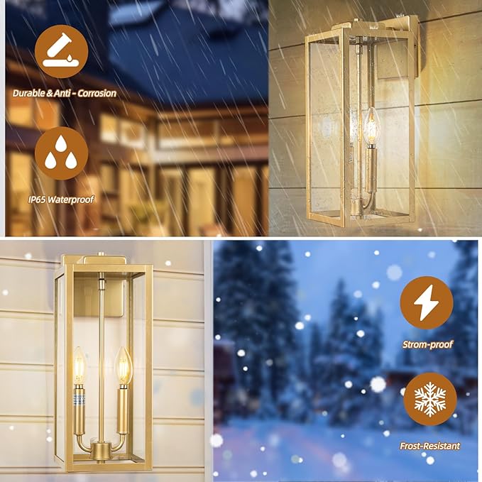 Gold 2-Light Large Outdoor Wall Lighting 16", Candle Light Square Outdoor Light Fixture IP65 Waterproof with Clear Tempered Glass Porch & Patio Light Brass Exterior Wall Sconce Lantern E12