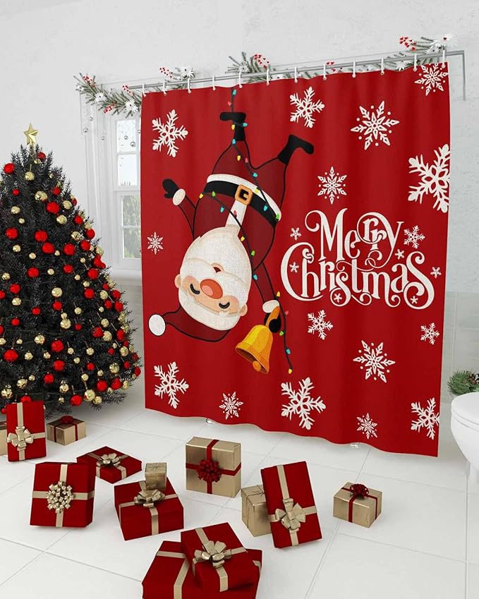 Vandarllin Red Merry Christmas Shower Curtain, Funny Hanging Santa Shower Curtains Set with Hooks, Snow Winter Holiday Waterproof Fabric Bathroom Curtains Decor Home Accessories,72 X 72 Inch Long
