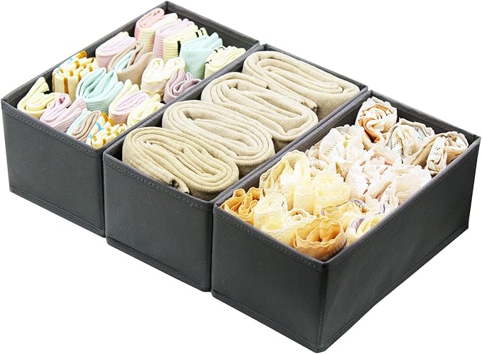 Small Underwear Drawer Organizer 3 Pack Beige, 11' Fabric Dresser Drawer Dividers for Sock Bra and Baby Clothes, Wardrobe and Closet Stoarage Bins for Living Room