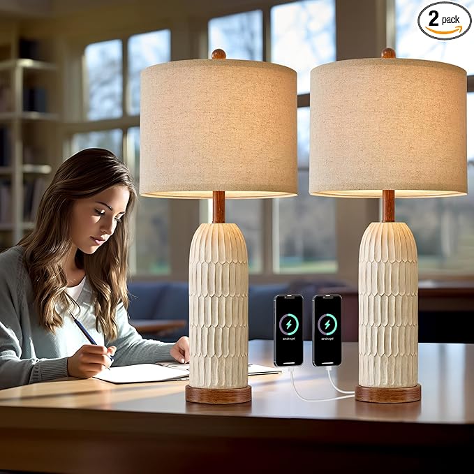 OYEARS 26.5" Table Lamp Set of 2 for Bedroom Living Room with USB A+C Charging Ports Modern Farmhouse Bedside End Lamps Rustic Nightstand Lamps,Brown