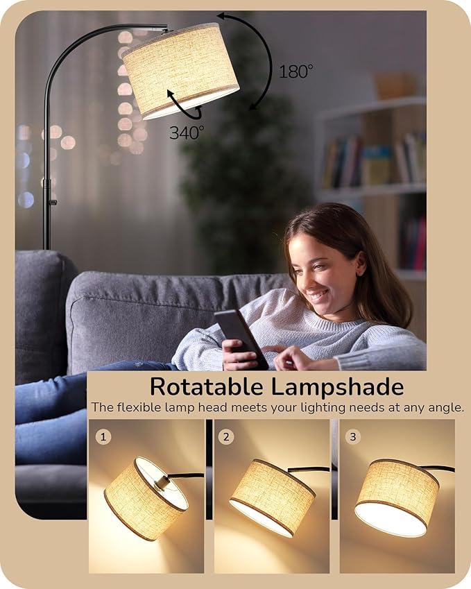 EDISHINE Black Arc Floor Lamp Dimmable, Standing Lights with Rotary Switch & Adjustable Line Lampshade, Tall Standing Lamp for Bedroom, Office, Reading Corner, A19 LED Bulb Included