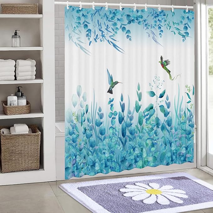 Blue Leaf Shower Curtain, Kingfisher Shower Curtain -72 "W x 72" L with 12 Hooks, Weighted Hem Shower Curtain, Waterproof Bathroom Shower Curtain, Blue Leaf Kingfisher Shower Curtain