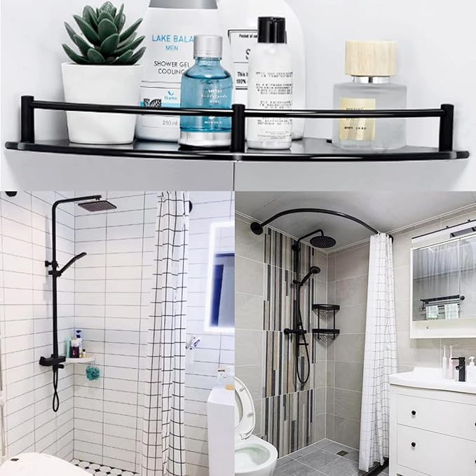 Bathroom Corner Shower Caddy, 9.5" Tempered Glass Bathroom Shelves for Wall Mounted, 2 Tier Glass Shower Caddy Organizer and Storage, Clear Corner Shelf wtih Black Rustproof Rail