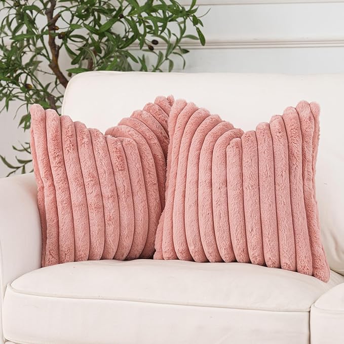 NiNi ALL Faux Fur Plush Throw Pillow Covers Pink 16x16 Inch Set of 2 Decorative Soft Plush Striped Couch Pillow Cover for Sofa Cushion Cases for Couch Bed Home Decor