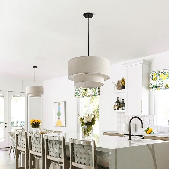 20" Farmhouse Pendant Light Fixtures, 2-Tier Drum Pendant Lighting with Linen Lampshade, 3-Light Modern Hanging Chandeliers for Dining Room, Living Room, Bedroom, and Kitchen