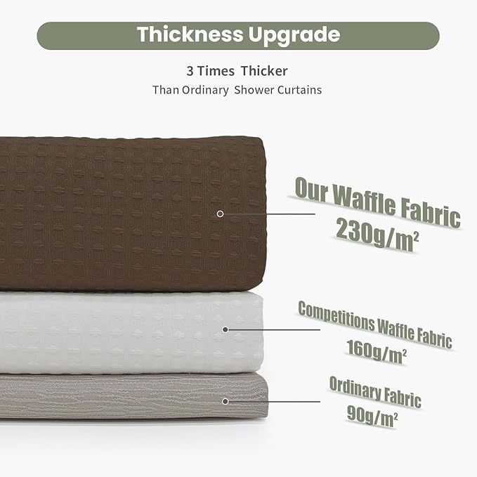 Inhousolu Fabric Shower Curtain Waffle Weave, 230 GSM Heavy Duty, Weighted Hem, 14 Metal Hooks, Water Repellent, Machine Washable, Hotel Spa Luxury Bath Curtain Set, 72 x 72 Inch, Brown