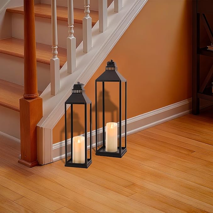 23" 19" Large Lanterns Decorative Outdoor Indoor, Set of 2 Modern Farmhouse Black Floor Lantern with Candles, Halloween, Christmas Lanterns for Fireplace, Mantle, Porch, Patio, Home Decor