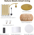 Gold Boho Rattan Floor Lamp w/Remote, Dimmable (2700K - 6000K), 2 - in - 1 Wicker & Fabric Shade, Adjustable 165-172cm for Living Room & Bedroom