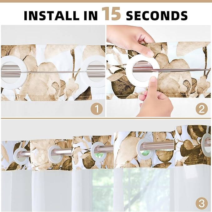 QiyI No Hook Shower Curtain with Snap in Fabric Liner, Brown Eucalyptus Shower Curtain with See Through Top Window, Waterproof Washable Cloth Ringless Shower Curtain Set for Bathroom, 72 x 75