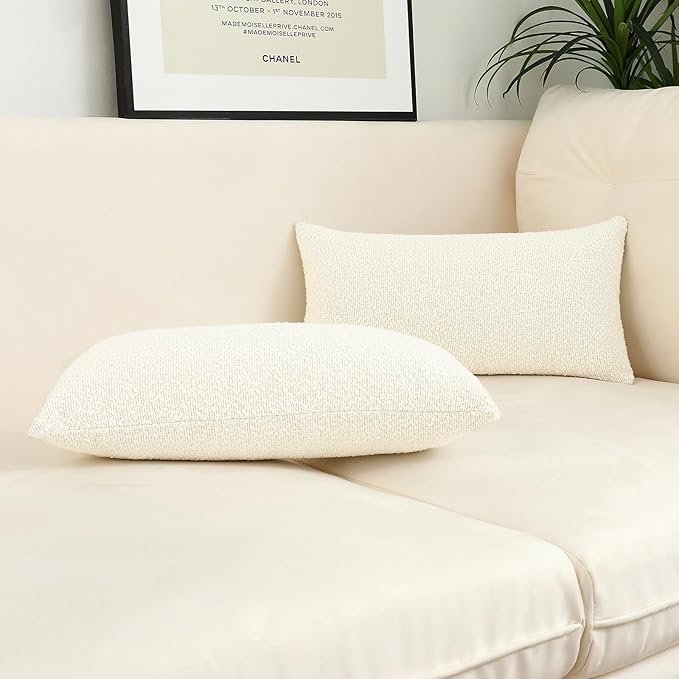 Jeneoo Ivory Decorative Lumbar Thick Throw Pillow Covers Fine Textured Boucle Couch Cushion Cases for Sofa Decor, Set of 2, 12 x 20 Inch