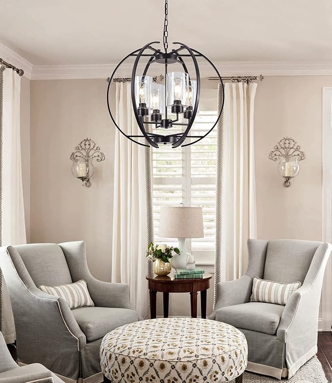 24" Globe Black Chandelier Dining Room Light Fixture Farmhouse Glass Chandeliers Vintage Bedroom Kitchen Island Pendant Lighting Industrial Metal Ceiling Hanging Fixture
