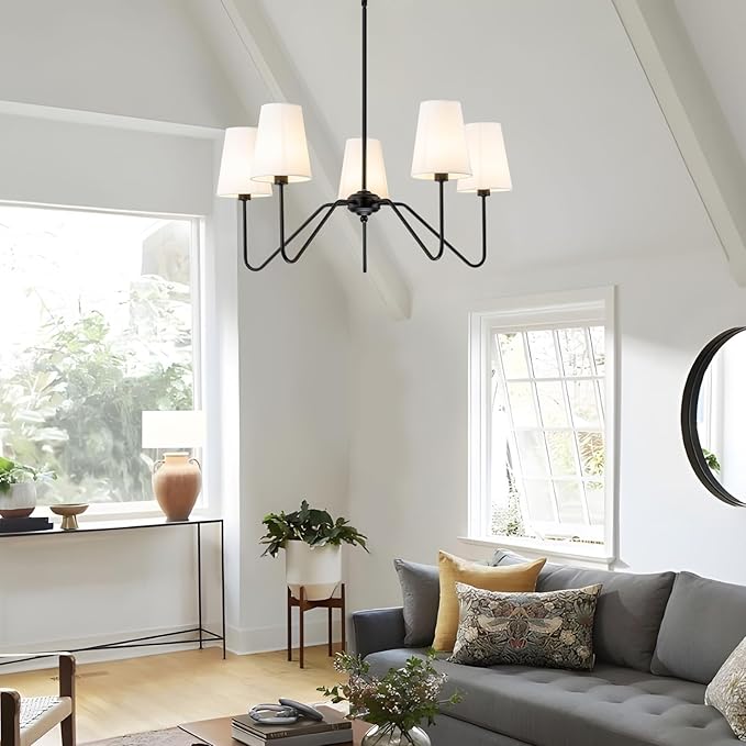 5 Light Modern Chandelier with White Shades, Elegant Pendant Light Fixture with Black Chandelier for Living Room, Dining Room, Bedroom, Hallway, Entryway, Height Adjustable