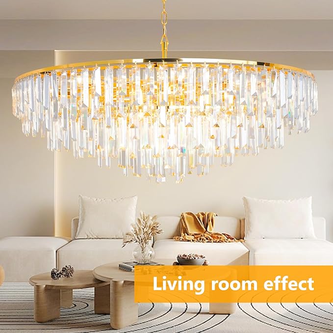 Gold Modern Round Top K9 Crystal Chandelier Lighting Fixture, 17 Lights Round K9 Crystal Adjustable Hanging Lamp for Dining Room Bedroom Living Room,Hallway,Bar,Kitchen W39''
