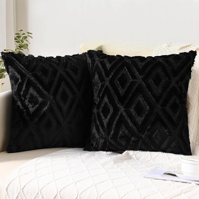 Pallene Black Throw Pillow Covers 20x20 Set of 2, Soft Plush Faux Fur Decorative Couch Pillow Covers for Sofa Bed Living Room Pillow Cases with 3D Diamond Pattern