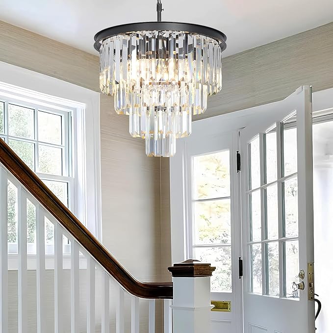 Black Crystal Chandeliers for Dining Room, 4-Tier 5 Lights Modern Chandelier Contemporary Luxury Top K9 Crystal Ceiling Pendant Light Fixture for Foyer Kitchen Bedroom Closet 18"