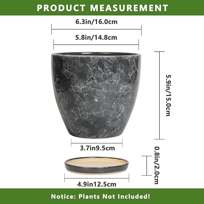 6 Inch Plant Pot - Ceramic Planter for Indoor with Drainage Hole and Saucer, Round Succulent Pot, Modern Flower Planters, Home Room Garden Office Decor, Gardening Gifts for Women, Grey