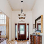 5-Light Farmhouse Chandelier, 17.72" Rustic Drum Dining Room Light Fixture, Vintage Wood Finish Metal Hanging Pendant Lighting, Industrial Candle Chandeliers for Living Room Kitchen Entryway Bedroom