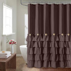 Seasonwood Brown Shower Curtains for Bathroom Dark Brown Ruffle Shower Curtain with Natural Buttons Farmhouse Style Microfiber Fabric Shower Curtains (Brown)