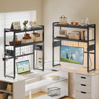 HOOBRO Desktop Bookcase, 2-Tier Office Desktop Organizer, 29.9" Wooden Storage Rack with Outlets, Display Shelf Rack with Light Strip, Desk Hutch for Office, Black BB11UDSJ01