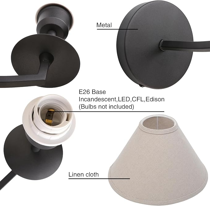 PERMO Vintage Antique Wall Sconce Black Linen Sconce wiht 11" Tapered Shade Hardwired Sconces Indoor Wall Lights for Living Room Bathroom Bedroom Hallway Entertry