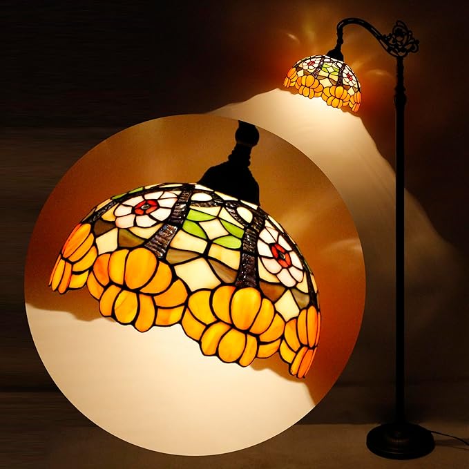 Tiffany Floor Lamp Stained Glass Orange Flower Style Arched Reading Light Gooseneck Adjustable Corner Standing Lamp 12X16X66 Inch for Bedroom Living Room Home Office