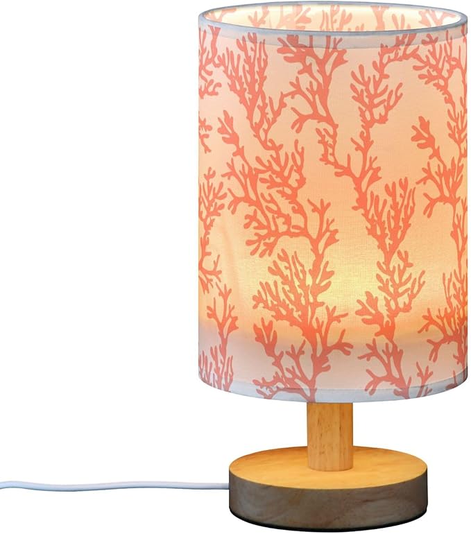 Table Lamp Red Coral Pattern Tropical Ocean Plant Design Nightstand Lamp with Wood Base Fabric Lamp Shade Bedside Desk Lamp for Living Room Bedroom Kids Room Office
