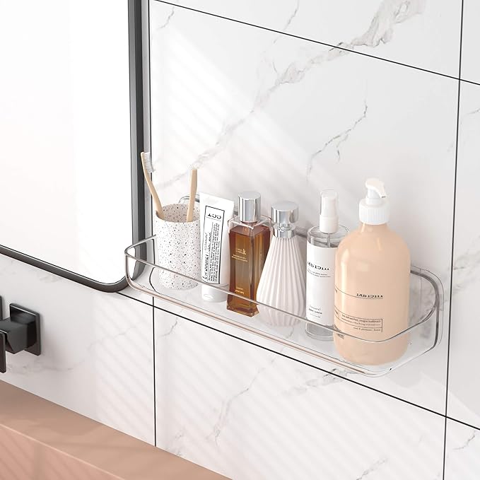 TZAMLI Shower Caddy Bathroom Shelves, No Drilling Self Adhesive Shelf Plastic Clear Shower Organizer, Wall Mounted Rack Inside Shelves for Bathroom Kitchen Storage