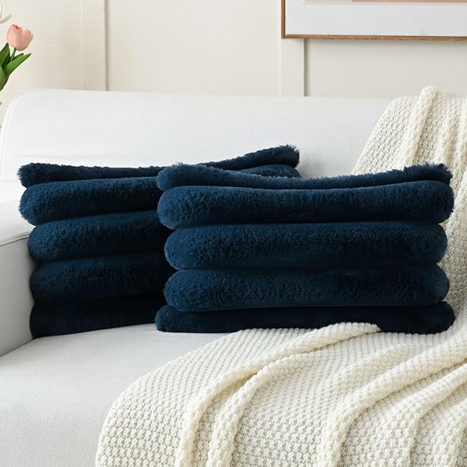 FUTEI Navy Blue Decorative Throw Pillow Covers 12x20 Inch Set of 2, Square Soft Faux Rabbit Fur Big Striped Cushion Cover,Home Decor for Couch Sofa Bed Living Room