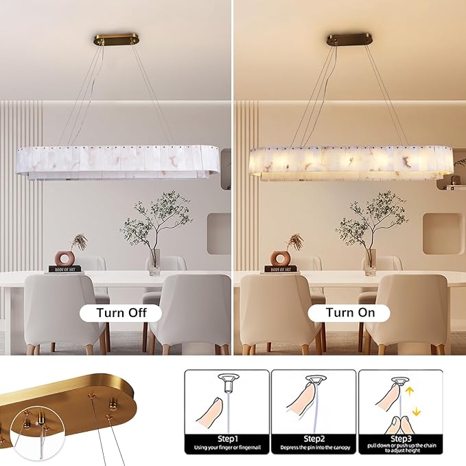 L54in Alabaster Chandelier for Dining Room, Rectangular Modern Chandelier, Spanish Natural Marble Chandeliers, 2-Tiers Pendant Lights Kitchen Island, Chandelier for Living Room, For Foyer, Entryway