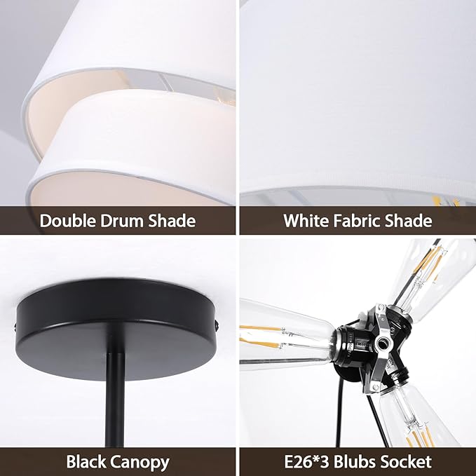 3-Light Semi Flush Mount Ceiling Light Fixture, 16 inch Drum Light Fixture with 2-Layer White Drum Fabric Shade, Entryway Ceiling Light Fixtures for Bedroom Dining Room