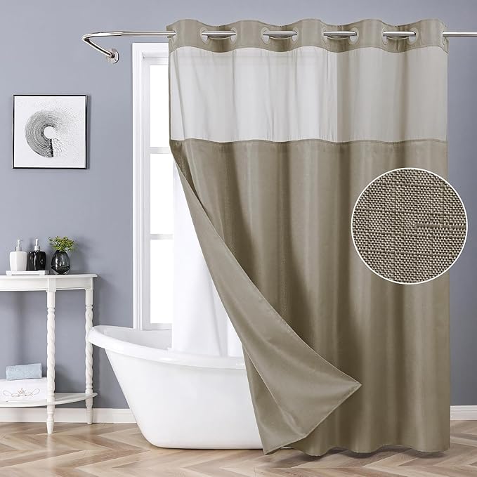 Long No Hook Shower Curtain with Snap-in Fabric Liner Set,Slub Textured Fabric Shower Curtains for Bathroom,Hotel Style Modern Shower Curtain,Water Repellent & Washable,71x80(78),Tan/Khaki