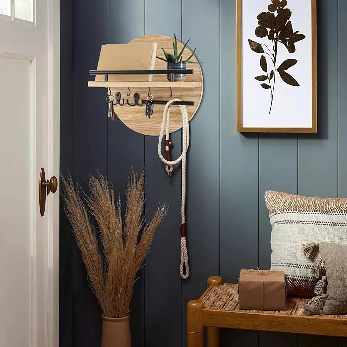 Key Holder for Wall with Shelf - Wood Mail Organizer and Rack with Shelf Hooks Wall Mounted for Entryway Decor Magazines Letter Storage Farmhouse Living Room Bedroom Doorway (Nature)