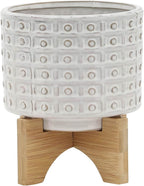 Sagebrook Home Ceramic Planter with Stand - Textured Stoneware Pot with Bamboo Wood Base - Modern Indoor & Outdoor Plant Holder - 8" Ivory