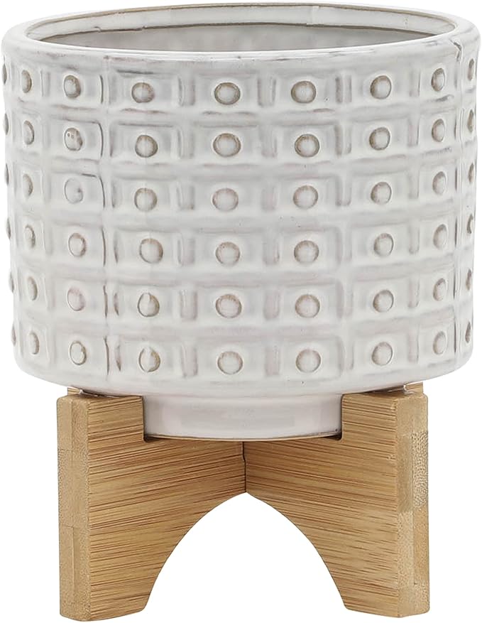 Sagebrook Home Ceramic Planter with Stand - Textured Stoneware Pot with Bamboo Wood Base - Modern Indoor & Outdoor Plant Holder - 8" Ivory