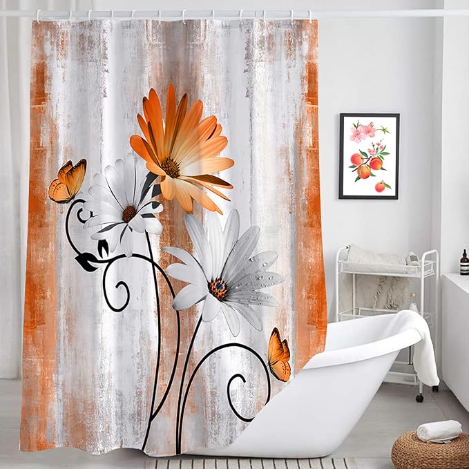 Rustic Farmhouse Shower Curtain, Farm Orange Daisy Floral Fall Flowers and Butterfly on Country Wooden Autumn Shower Curtain for Bathroom, Yellow Grey Gray Red Gold Curtain with 12PCS Hooks, 47X64IN