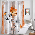 Rustic Farmhouse Shower Curtain, Farm Orange Daisy Floral Fall Flowers and Butterfly on Country Wooden Autumn Shower Curtain for Bathroom, Yellow Grey Gray Red Gold Curtain with 12PCS Hooks, 47X70IN
