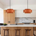 Farmhouse 19.7" Drum Wooden Chandelier Vintage 4-Lights Modern Chandelier with Wood Finish Linen Shade Retro Drum Chandeliers for Dining Room, Kitchen Island, Living Room, Bedroom
