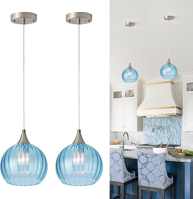 Brushed Nickel Pendant Lights Kitchen Island, Globe Pendant Light Fixtures with 8 Inch Clear Glass Shade, Modern Hanging Light Fixtures for Kitchen, Bedroom (2 Pack - Blue Glass Pendant Light)