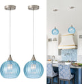 Brushed Nickel Pendant Lights Kitchen Island, Globe Pendant Light Fixtures with 8 Inch Clear Glass Shade, Modern Hanging Light Fixtures for Kitchen, Bedroom (2 Pack - Blue Glass Pendant Light)