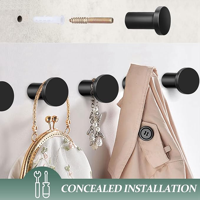 Metal Wall Hooks for Hanging,6 Coat Hooks Wall Mount,Heavy Duty Black Decorative Hooks for Cubicle Entryway,Bathroom Shower Hand Towel Hooks Hangers for Clothes Robe (Round)